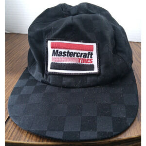 Vintage Mastercraft Tires Patch Logo Checkered Snapback Hat Baseball Cap Black